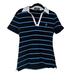 LRL Lauren Active Women's Polo Size Medium Blue Striped Golf Tennis‎ Preppy